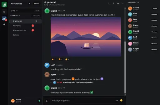 Jorvik desktop app in dark mode, showing a server list on the left, a channel list, and a group chat with messages, emoji reactions and a GIF.